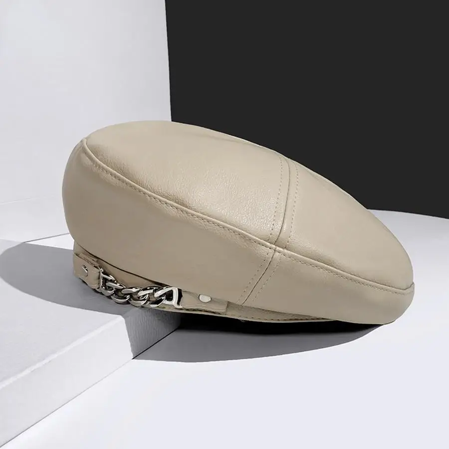 Vintage Women Beret Solid Beret Cap Pu Leather Chain Beret French Artist Warm Beanie Hat Female Ladies All-Match Adjustable Hat