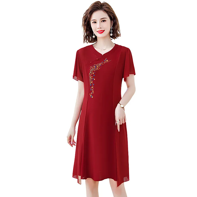 Summer New Embroidery O-neck Solid Color Vestidos De Mujer Robe Women Chiffon Mid-Calf Dress