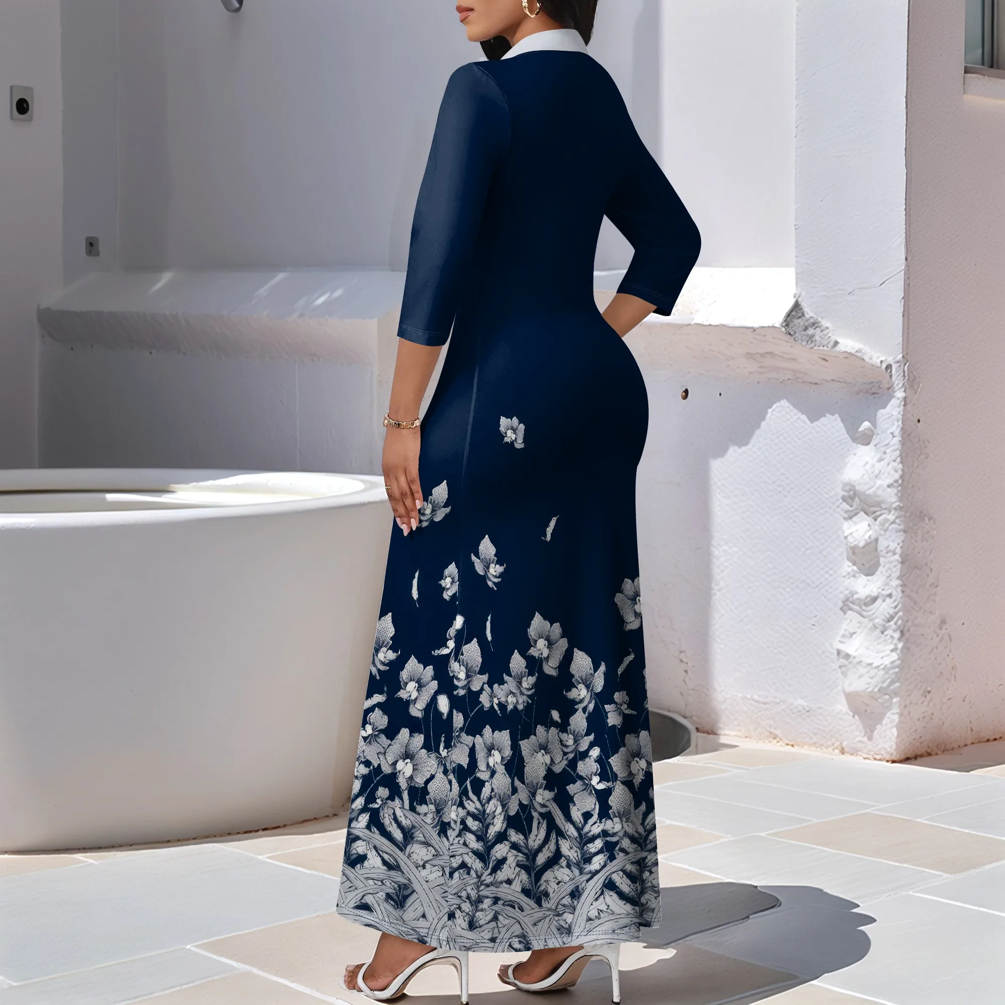 Nupusa Navy White Floral Print Dress for Women Regular Size Casual Shirt Collar 3/4 Sleeve Maxi Dress