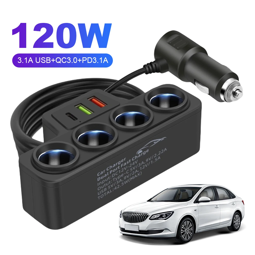 

Phone Power Adapter QC3.0+PD 3.1A 120W Car Cigarette Lighter Socket Splitter Plug 4-Socket 3 USB Ports USB Phone Charger Adapter