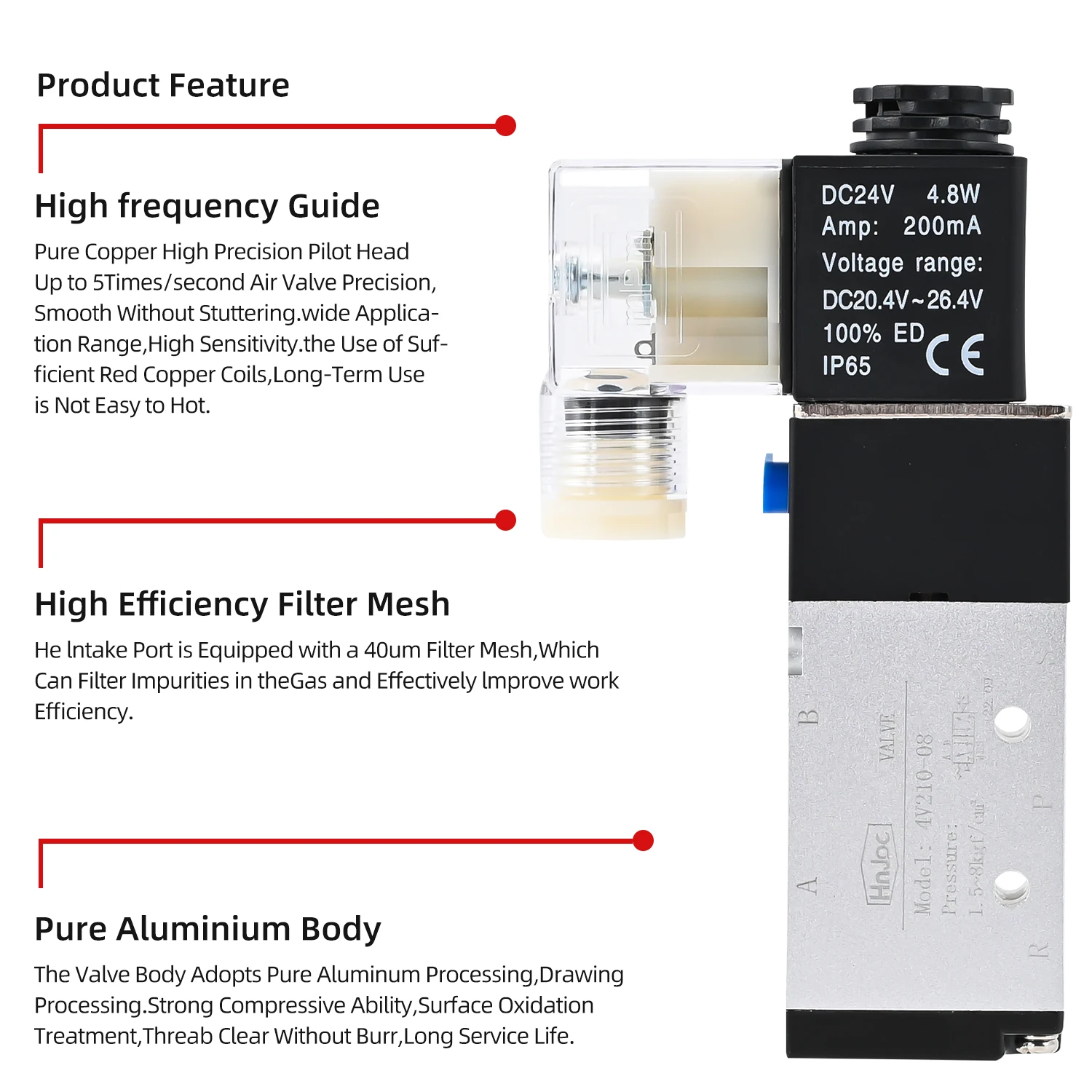 4V210-08 Pneumatic Electric Magnetic Valves Air Solenoid Valve 5 Way Port 2 Position Gas  DC12V 24V 110V 220V 380V Coil Volt