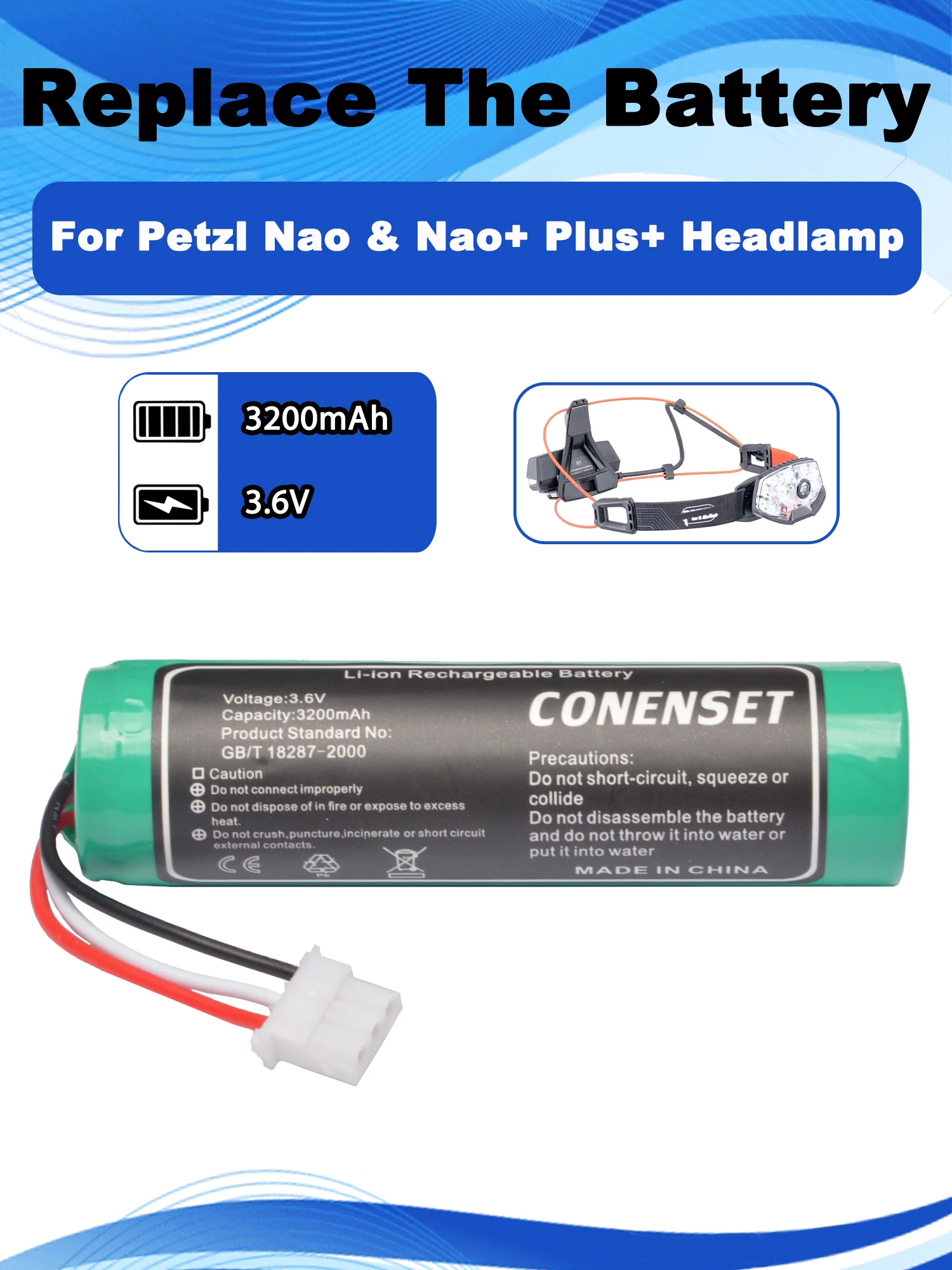 3.7V 3200mAh 交換用バッテリー Petzl Nao & Nao+ Plus+ ヘッドランプ