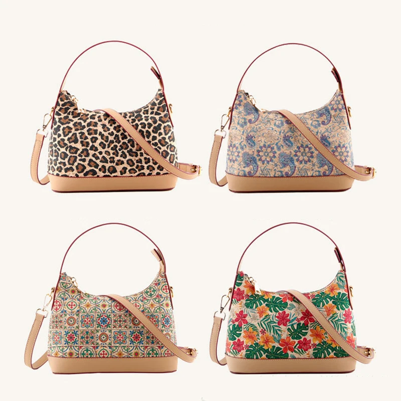 Crossbody Bags Retro Cork Leather National Leopard Leaf Printing  Pillow Shaped Large Capacity Shoulder Bag