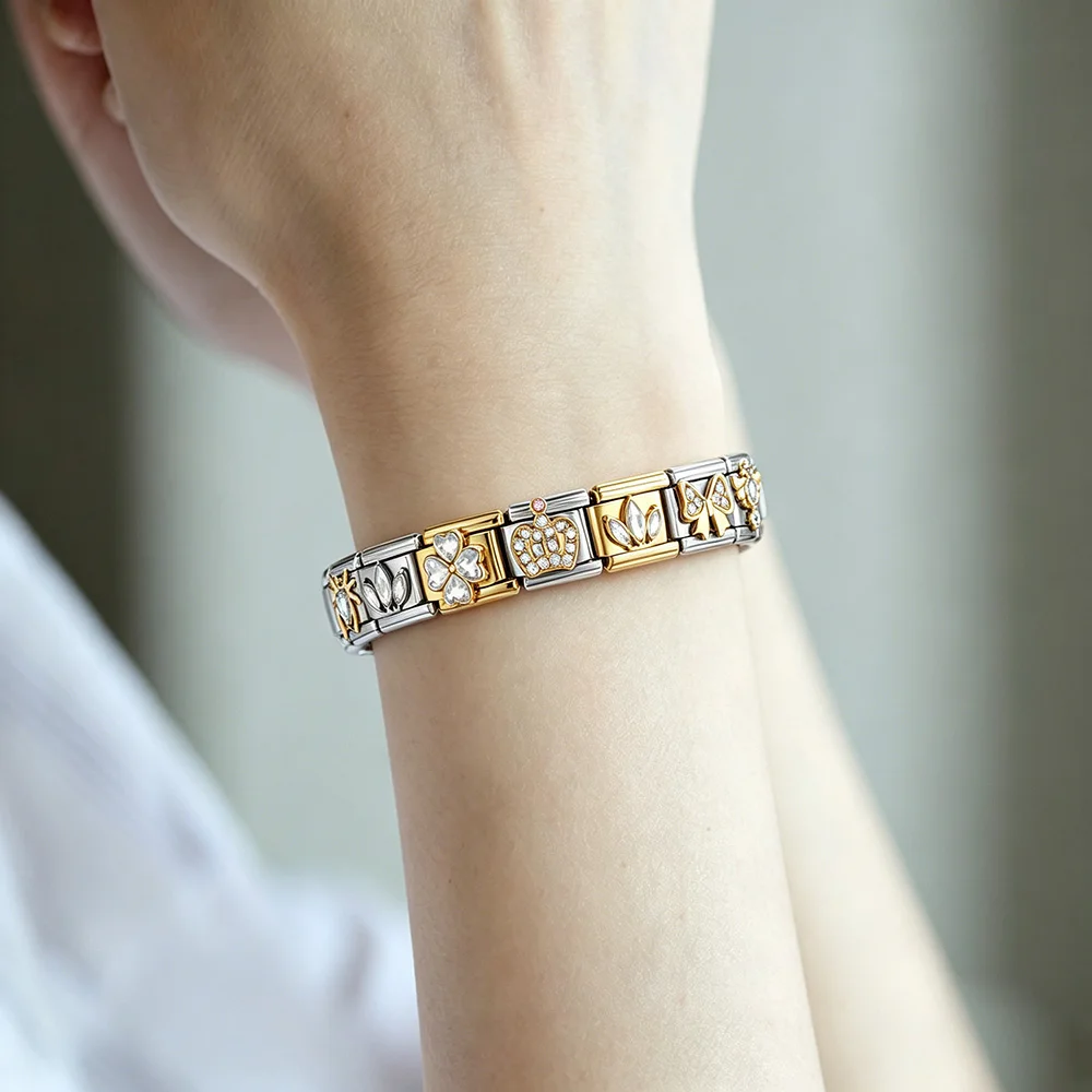 Modisches Kronen-Spinnen-Katzenschwanz-Engelsflügel-Herz Zirkonia Charm-Armband, italienische Glieder, passend für 9mm Edelstahl, Schmuckherstellung DIY – Detail 3