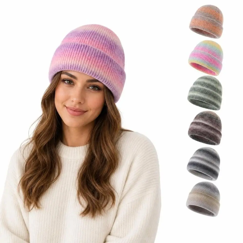 Fashion Gradient Color Knitted Beanie Hat Windproof Thickened Warm Winter Cap Cold Proof Pullover Hat Autumn Winter