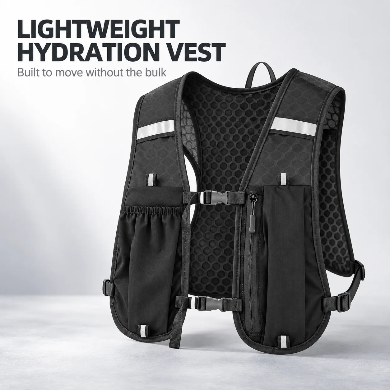 Lightweight Hydration Vest Backpack Reflective Running Cycling Pack with Bottle and Phone Pockets for Hiking Marathon