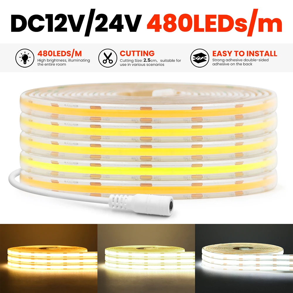 12V 24V COB LED Strip Light Flexible Tape Lamp Rope 480LEDs/m High Density Bright Linear Lighting for Kitchen Cabinet Room Decor