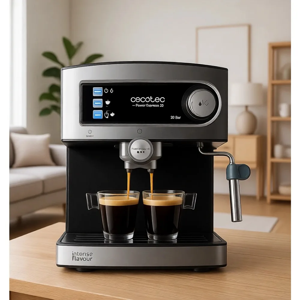 Máquina de Espresso Manual de 850W, 20 Bares, 1.6L, Doble Boquilla, Vaporizador, Calentador de Tazas, Acabado en Acero