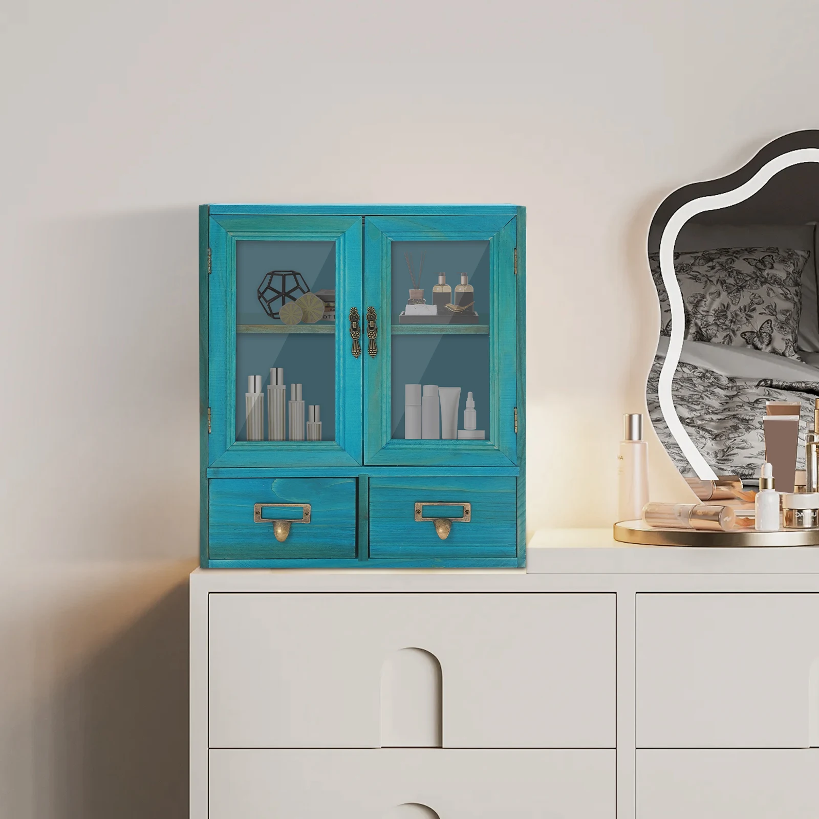 

2-уровневый деревянный шкаф для хранения с 2 ящиками и двойными дверцами, компактная полка-органайзер для офиса, гостиной, кухни, ванной комнаты