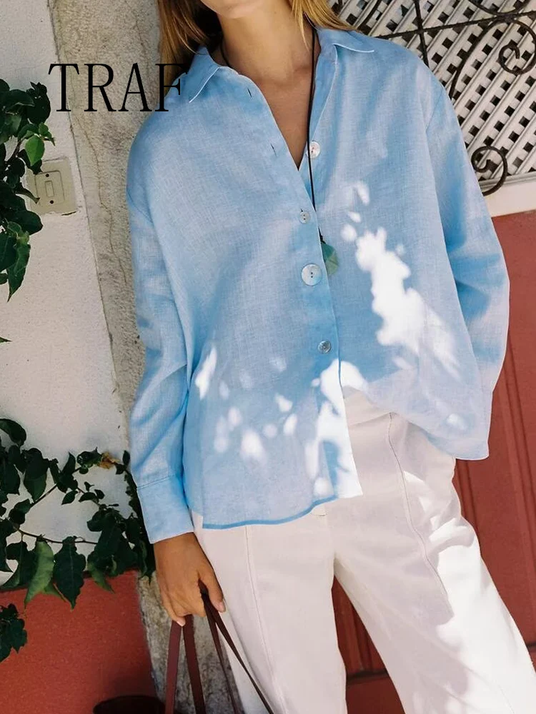 

TRAF European and American style new women's clothing simple and fashionable loose stitching button decoration lapel shirt top
