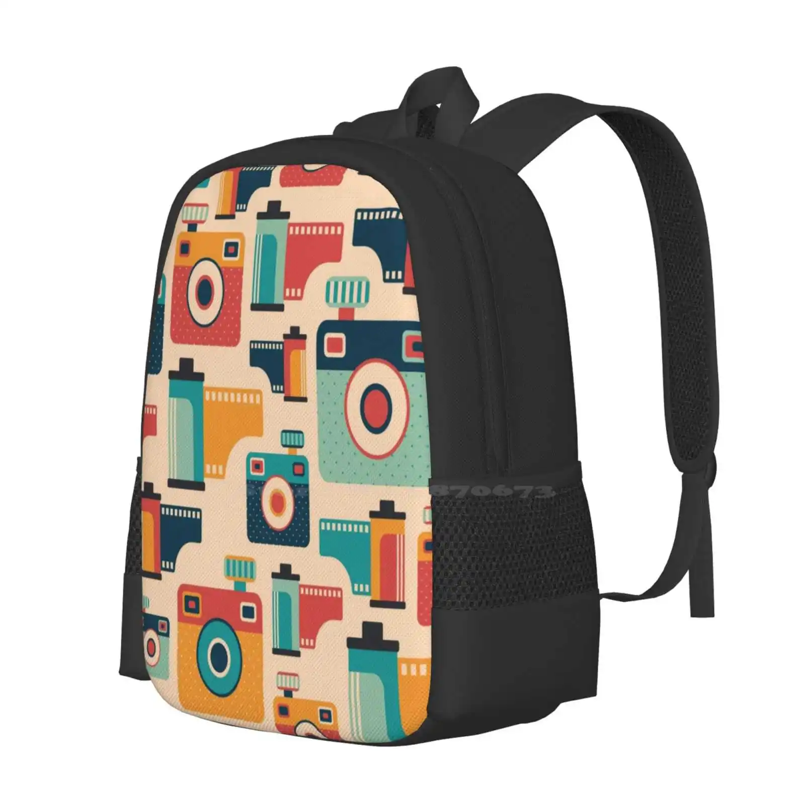 Film Rolls And Cameras Pattern Design Bagpack School Bags Camera Film Roll Multimedia Retro Vintage Graphic Pattern Abstract