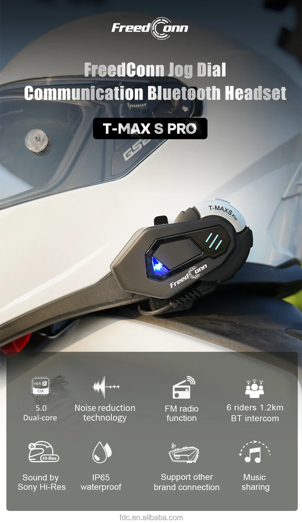 سماعة رأس T-MAX S PRO Freedconn بلوتوث للاتصال الداخلي بنقرة واحدة إلى مشاركة الموسيقى اتصال داخلي مزدوج كامل بين 6-10 مستخدمين