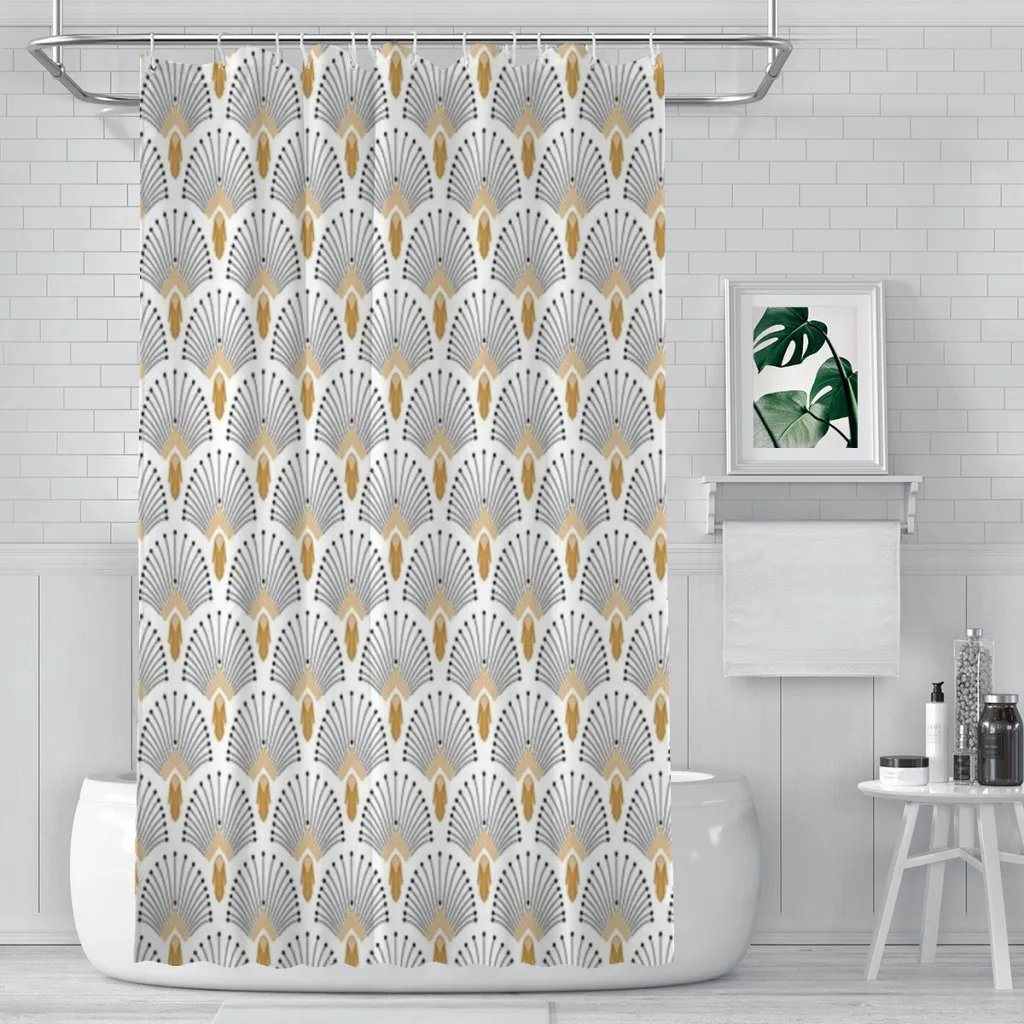 White, Gold and Black Art Deco Fan Flowers Motif Shower curtain Bathroom decor Modern household Curtain Festival gift