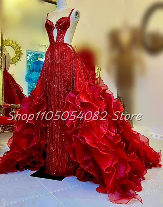 Luxury Red Wedding Gown Detachable Ruffled Train Sensual Beaded Formal Dress Elegant Party Wedding Guest Attire Customizd