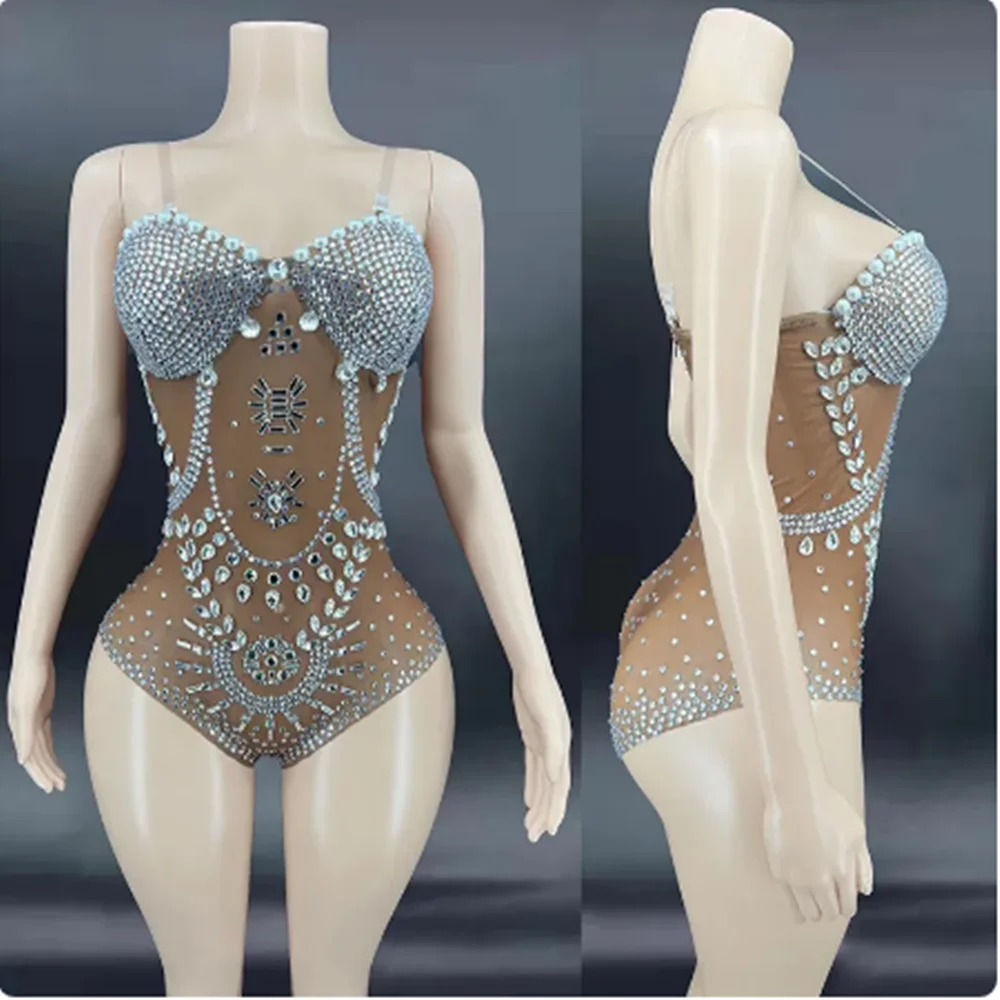 

Lady See-Through Rhinestone Bodysuit Sexy Pole Dance Costume Rave Festival Clothing Singer Dancer Performance Clothes