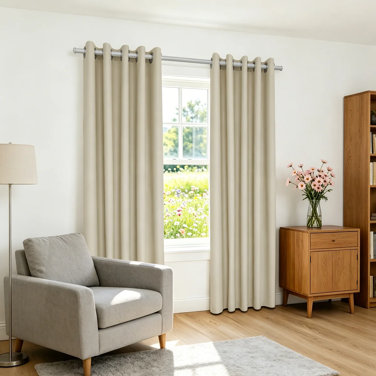 Cream High Density Grommet Medium Shading Curtain Panels, Smooth Light Filter Drapes for Household Windows