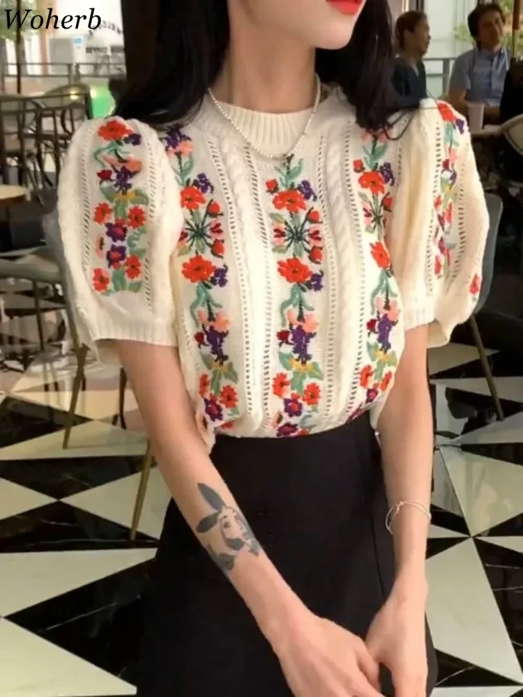 2024 Ropa Mujer Knitted Puff Sleeve Tshirts Women Short Embroidery Flower T Shirt Casual Vintage O Neck Y2k Summer Tees