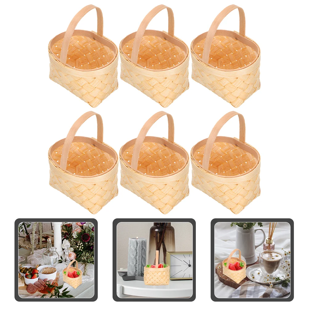 6 Pcs Small Wooden Basket Woven Bread Party Gift Baskets Mini with Handles Candy Storage Chinese Fir Shopping Christmas