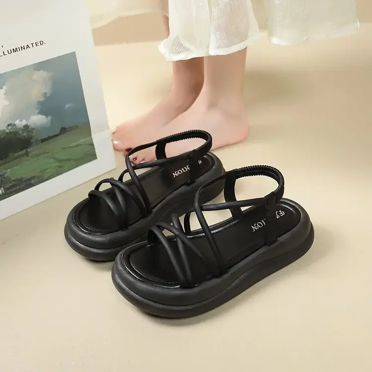 

Female Sandal Comfort Shoes for Women Soft Clear Heels 2025 Summer Mid-Calf Strap Girls New Fashion Outside Low Beach Beige