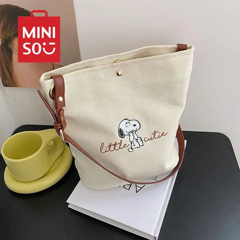 2024 New MINISO Kawaii Anime Cute Bucket Bag Cute Cartoon Printed Girl Heart Simple Shoulder Bag Snoopy Bag Fashion Canvas Bag