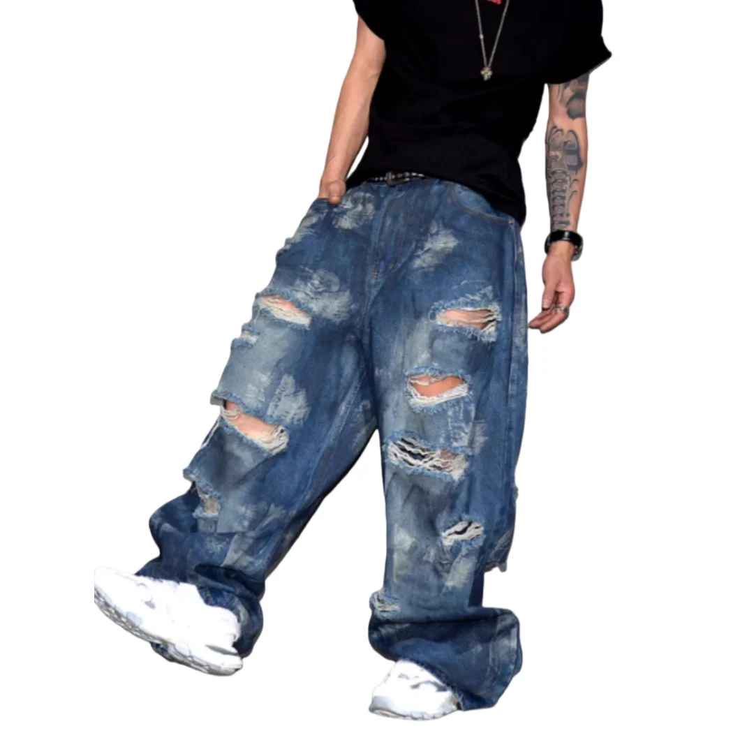 Men's Loose Wide Leg Jeans Niche 2026 Spring Large Ripped Distressed Jeans Cityboy Wasteland Dirty Wash Long Denim Pants