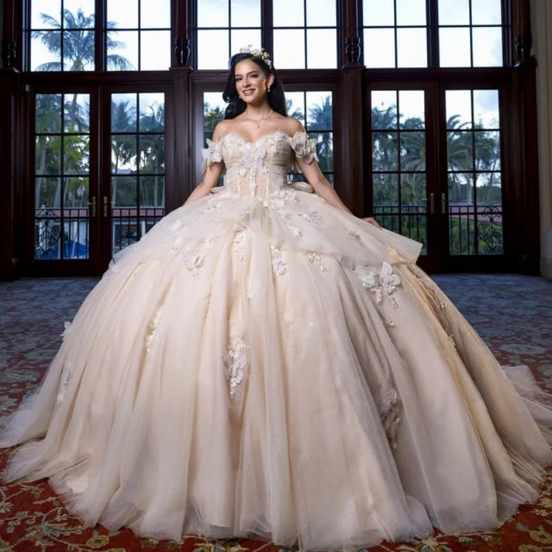 

Светлое платье Quinceanera цвета шампанского с открытыми плечами, блестящая наклейка с цветочным принтом и длинным хвостом, платья de 15, Quinceanera ﻿ Настроить