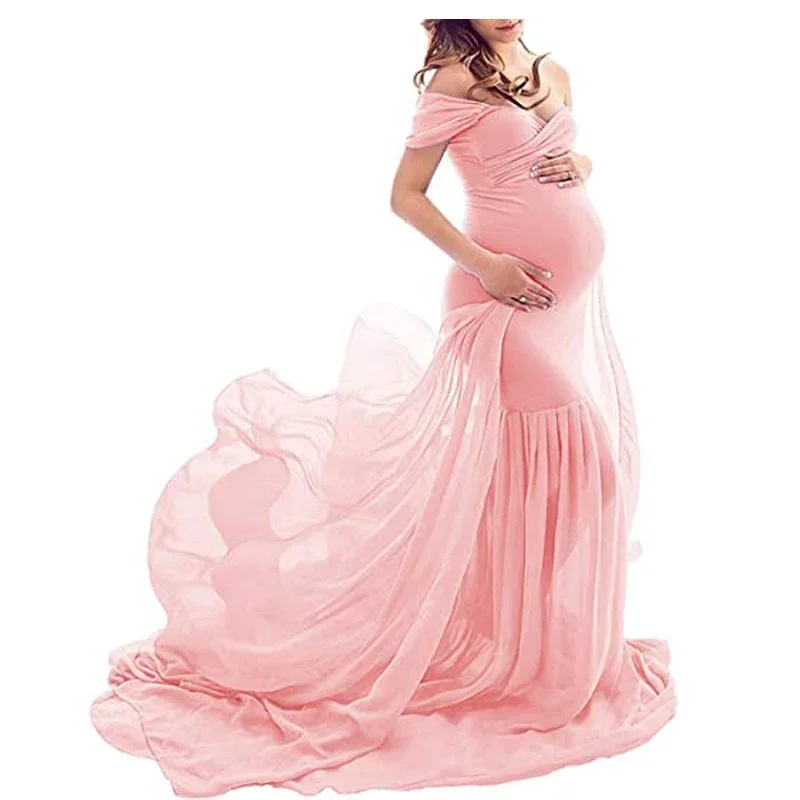 Maternity Chiffon Mermaid Gown Off Shoulder Dropped Sleeve Fitted Photo Shoot Photography Dress