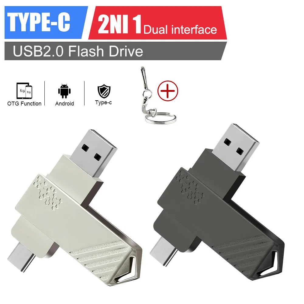 Tipo C USB Flash Drive 2.0 128GB 64GB 16GB 32GB con portachiavi Pen Drive rotante Pendrive Computer cellulare a doppio uso