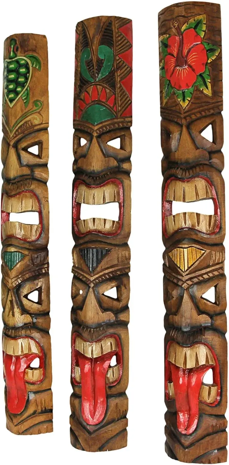 Set of 5 Exquisite Hand-Carved Double Tiki Mask Totem Wall Sculptures, 40 Inches Tall, Crafted from Sustainable Wood