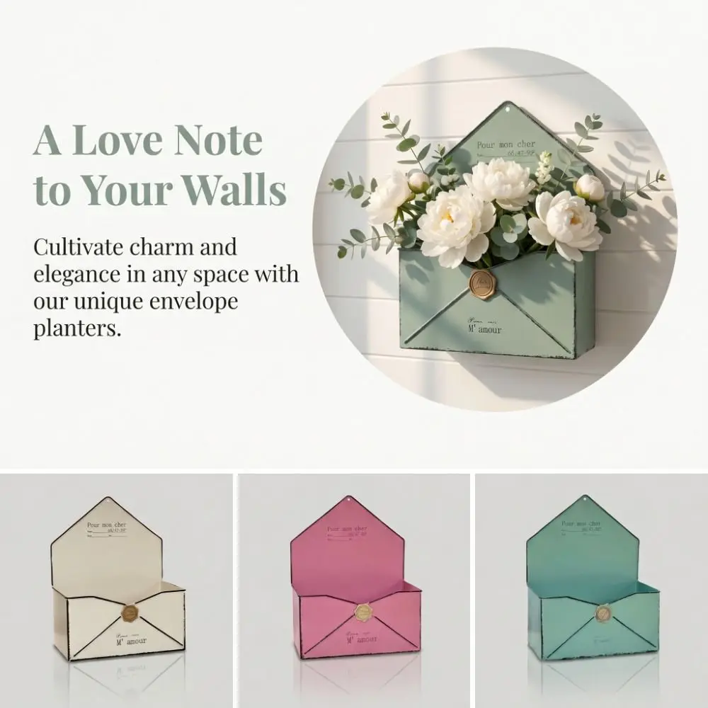 Flower Container Wall Mounted Envelope Planter Drainage Hole Elegant Flower Pot Durable Vintage Metal Plant Pot Indoor Use