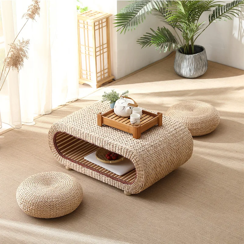 Minimalist Tatami Tea Table Handwoven Rattan Floor Desk for Zen Decor Low Profile Window Side Coffee