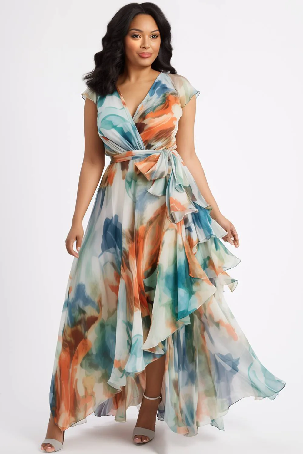 Plus Size Semi Formal Multicolor All Over Print Wrap Neck Short Sleeve Ruffle Irregular Hem Chiffon Maxi Dresses