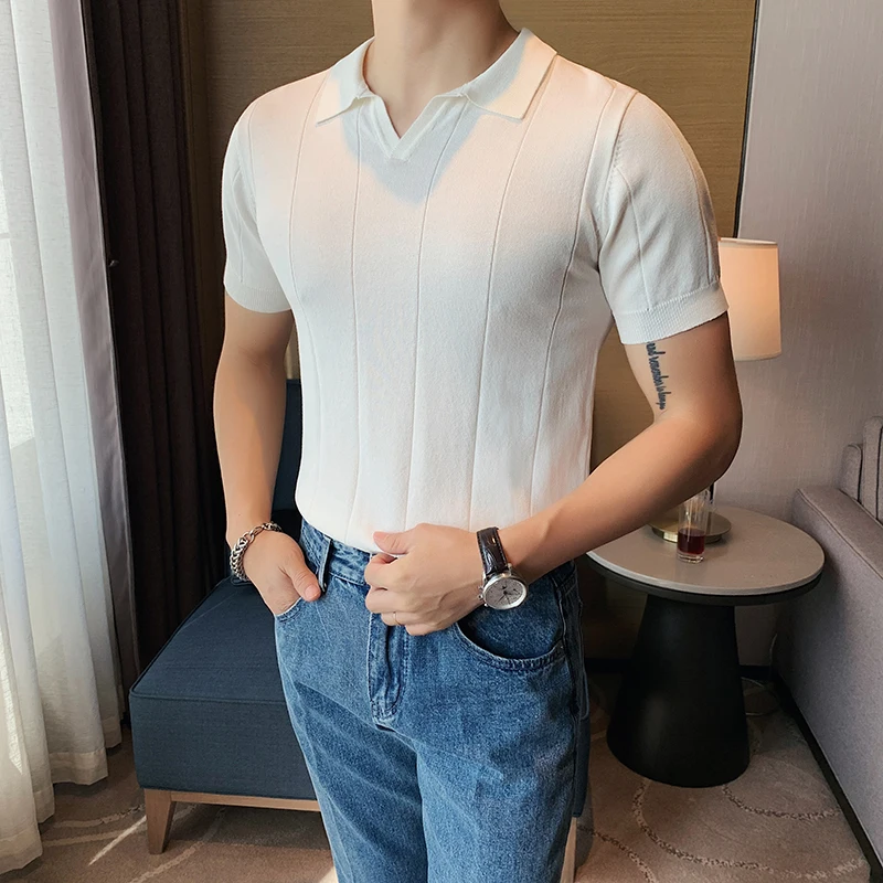 British Style V Neck POLO Shirt Mens Summer Short Sleeve Knitting Tee Fashion Lapel Solid Color Slim Fit Business Casual Polos