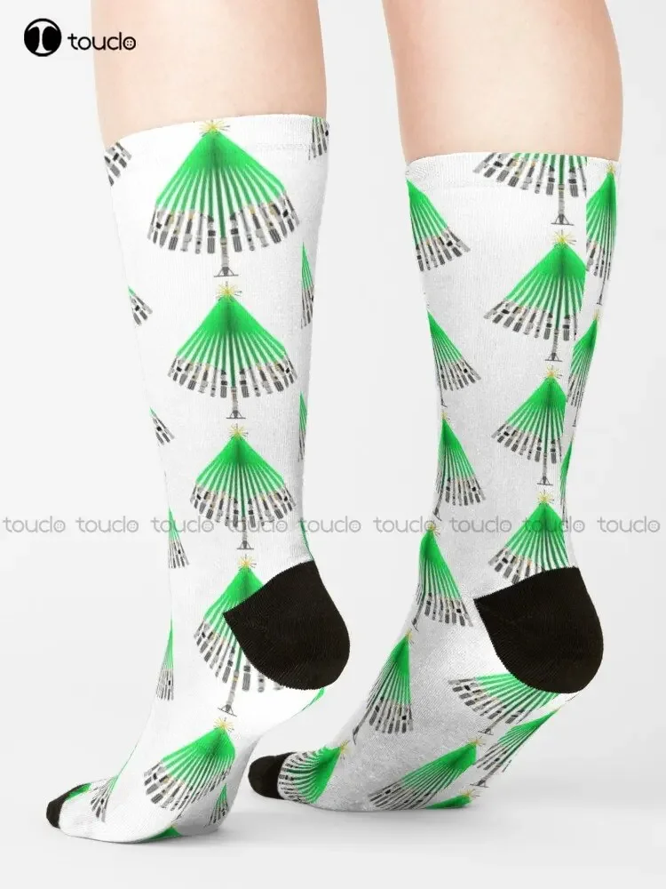 Calcetines de árbol de Navidad con sable de luz, calcetines naranjas personalizados, unisex, para adultos, adolescentes y jóvenes, 360 °   Impresión digital Nuevo popular