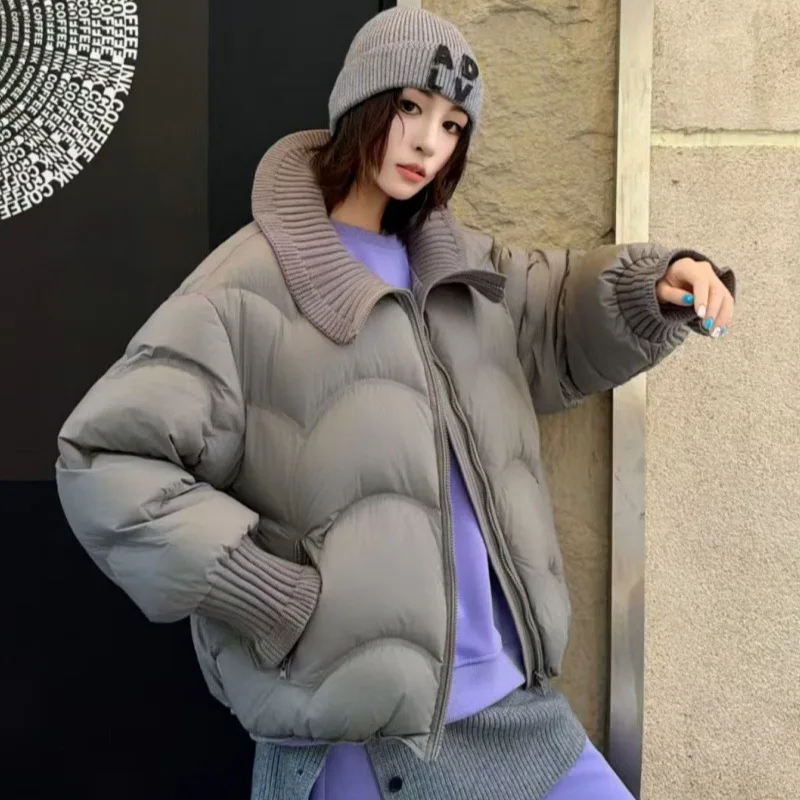 Winter Puff Knitted Splicing Down Jacket Women White Duck Down Big Lapel Outwears Female Fluffy Warm Thick Parker Bread Jacket
