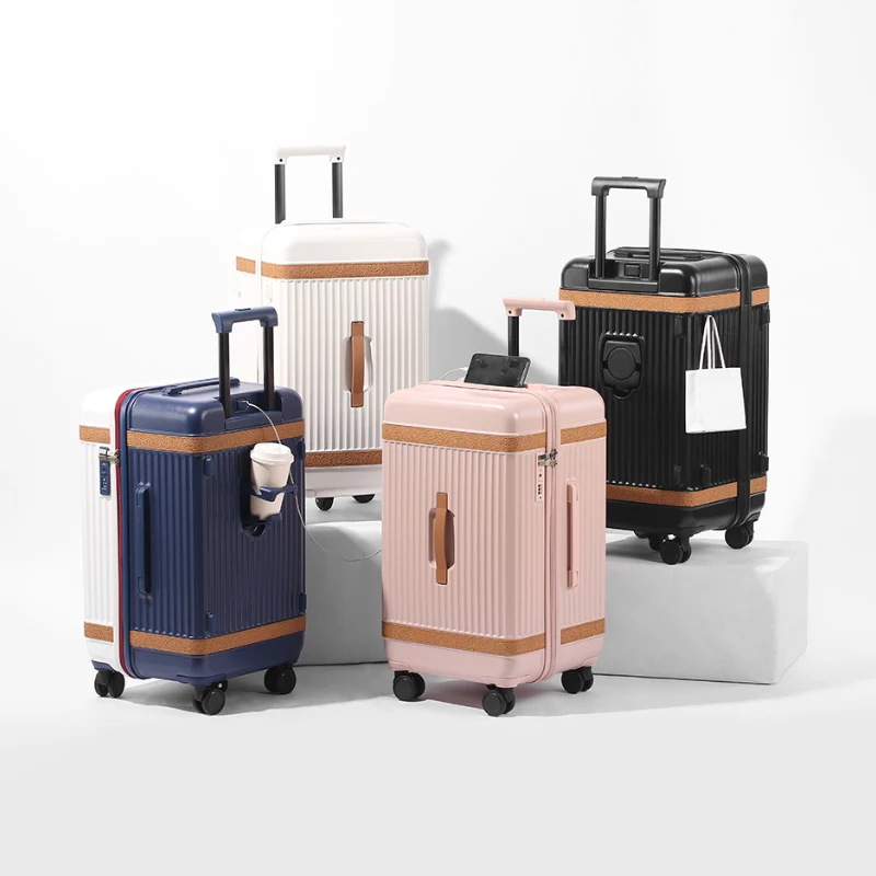 Zippered Large-Capacity Suitcase, Portable Multi-Functional Suitcase, USB Charging Interface, Rear Cup Holder Trolley Case