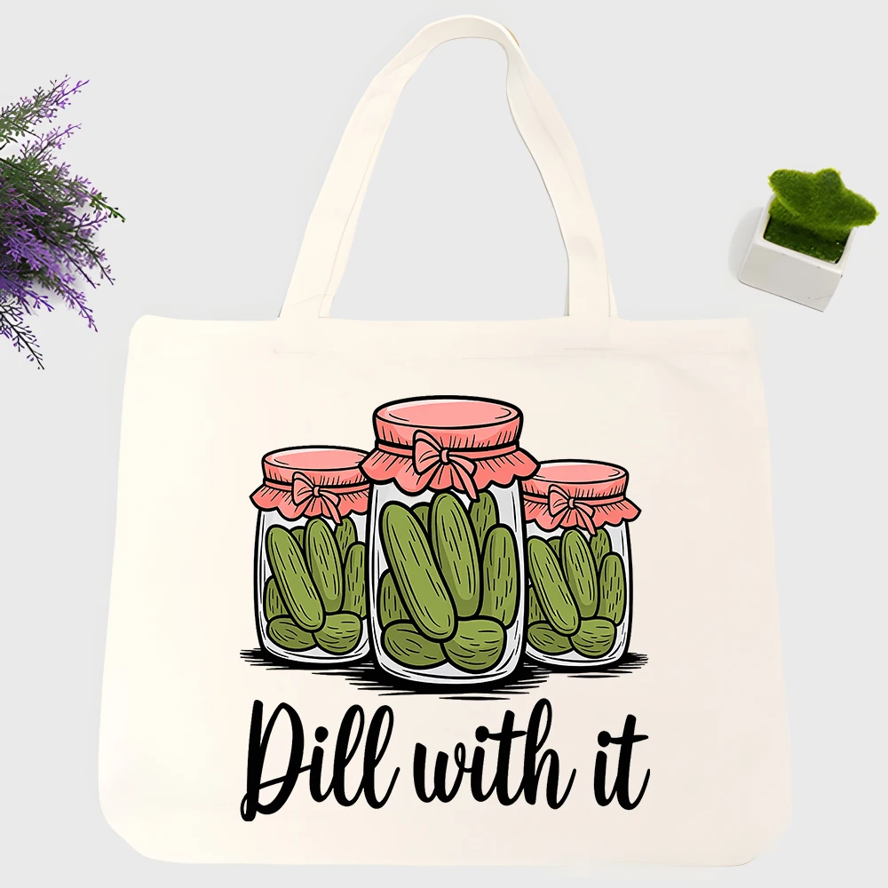 Women's pickle jar graphic canvas tote bag with letter print, ideal for casual daily use and summer shopping