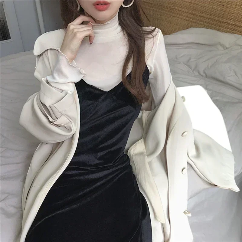 High Neck Sheer Mesh Top Women Clothing Long Sleeve Turtleneck T-shirt Korean Sexy See Through Black White Pink Purple Shirt New