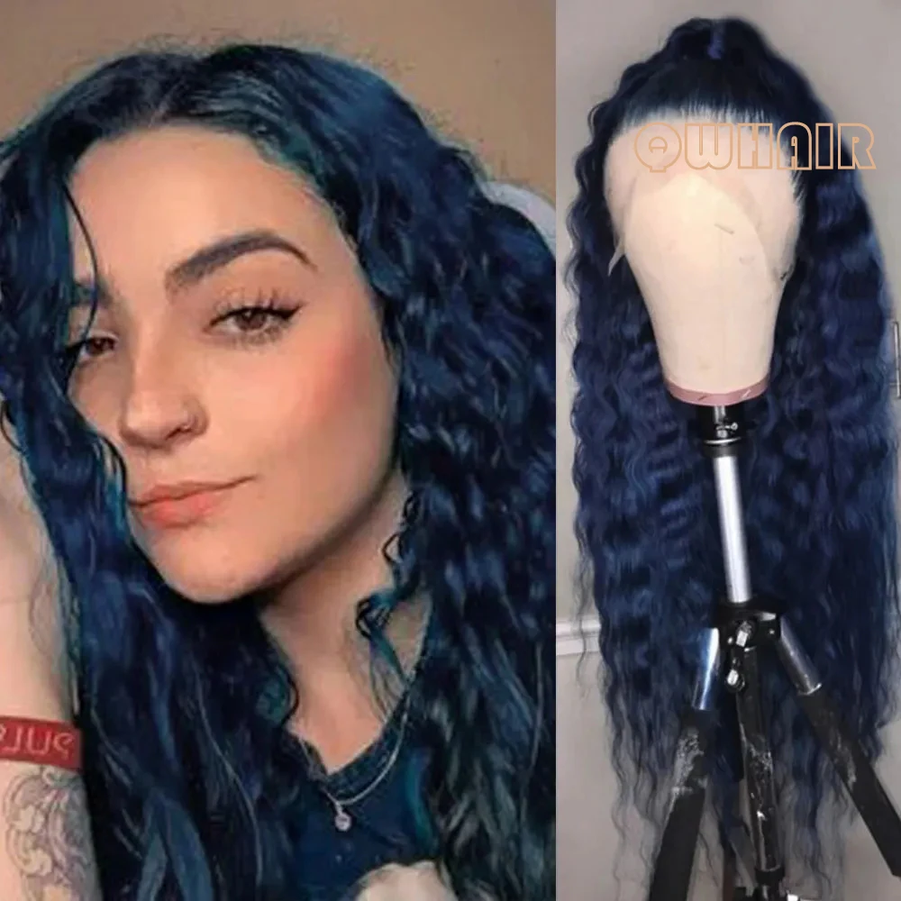 

Синтетические волосы, глубокие вьющиеся волосы 13X4, парик спереди, темно-синий, длинный, плотность 180 для африканских женщин, детские волосы, предварительно выщипанные, на каждый день