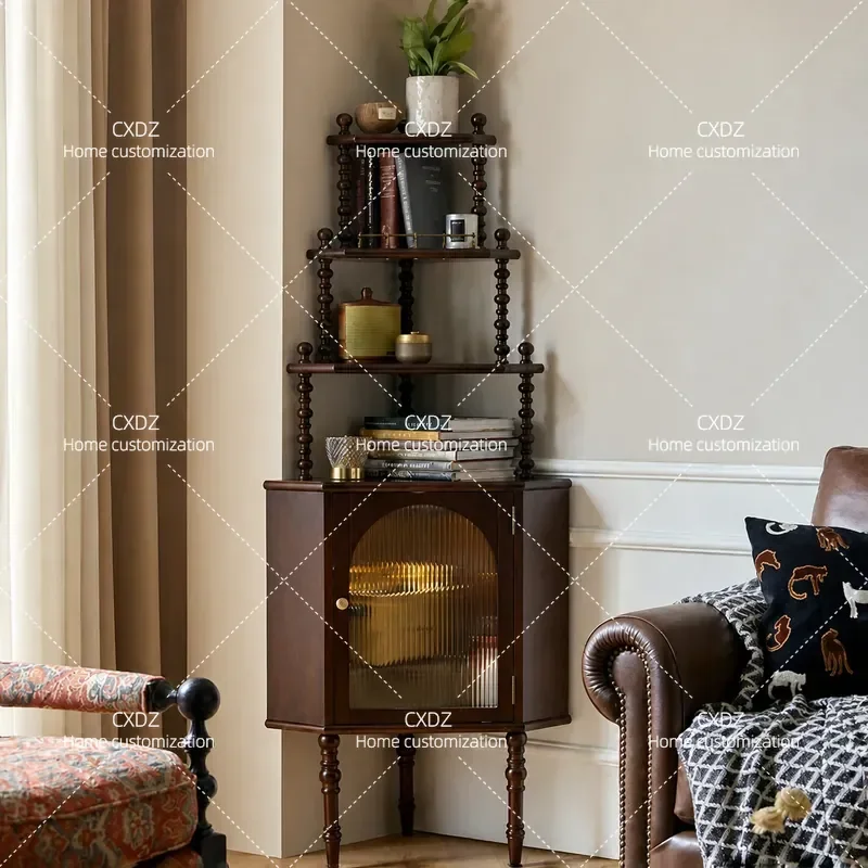 Retro All Solid Wood Corner Cabinet Rack Living Room Small Apartment Corner Storage Shelf Dim Sum Display Stand