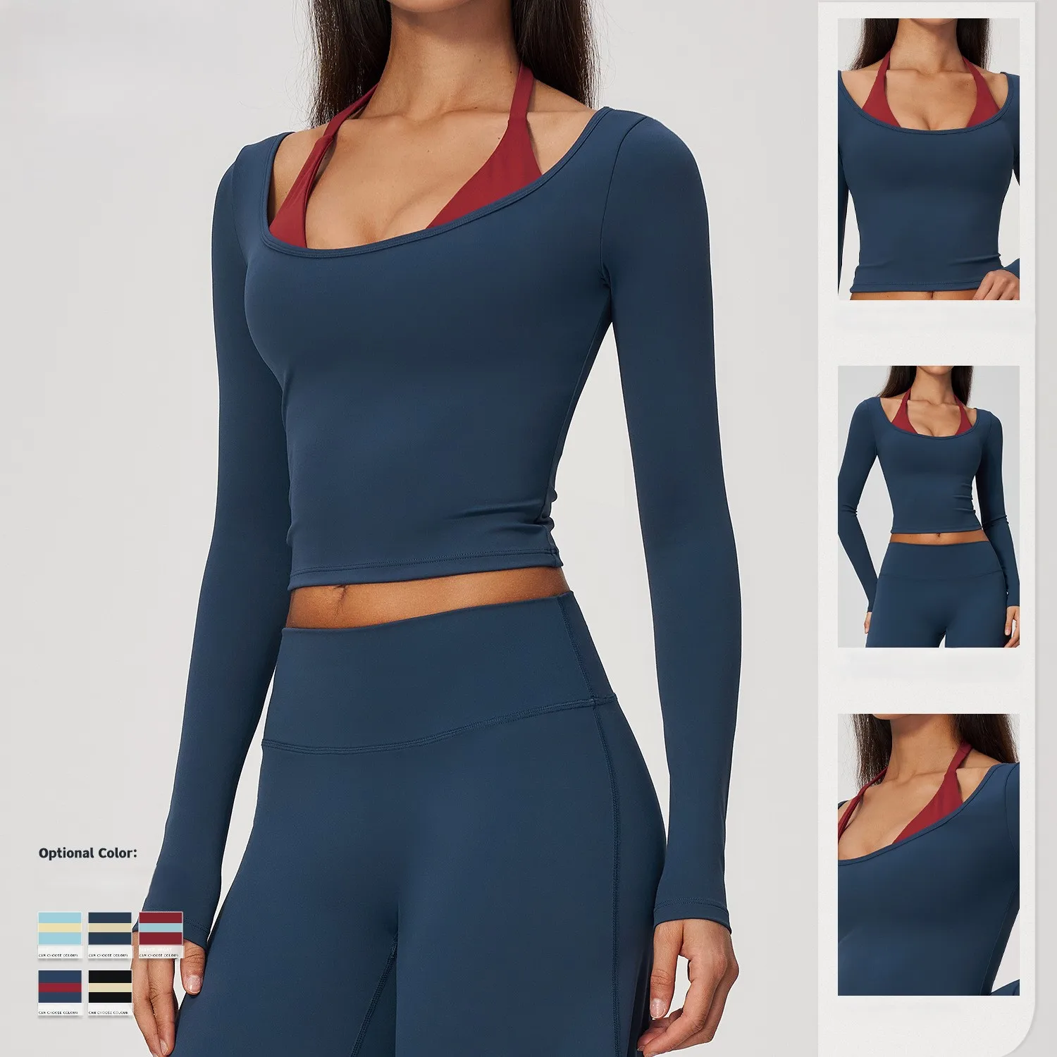 2-in-1 Fake Two Piece Halter Yoga Top Long Sleeve Slim Fit Crop Quick Dry Breathable Workout Shirt with Removable Built-in Bra