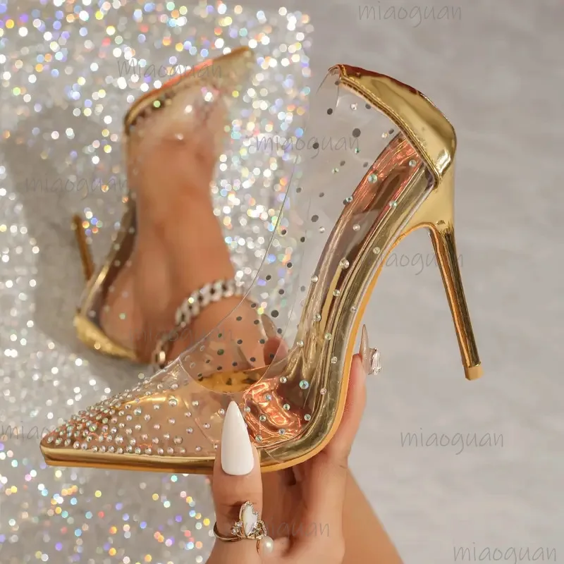 

Luxury Fairy Style Transparent High Heels Sandals Thin Heels Pointed Toe Water Diamond Shoes Women's Crystal Wedding Footwears