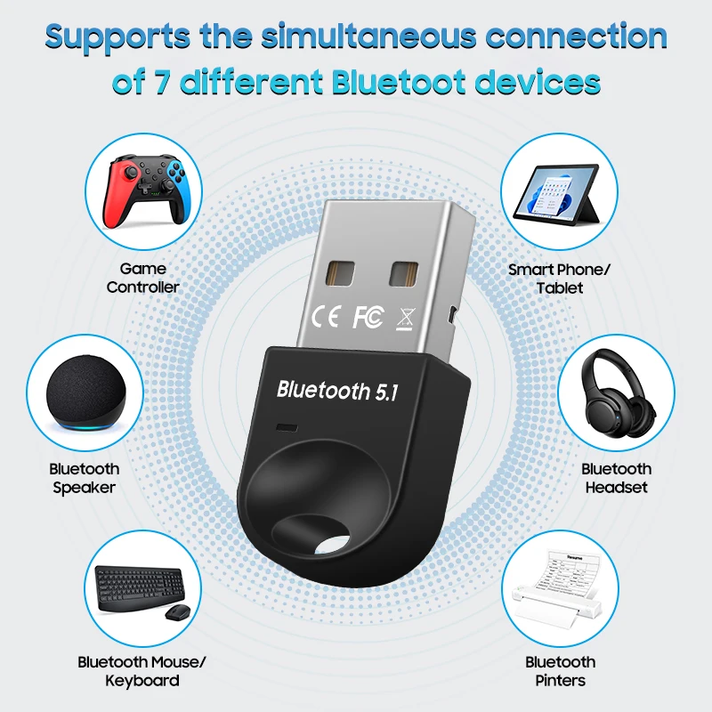 Tenmtoo USB Bluetooth 5.1 Adapter Dongle Receiver for PC Wireless Mouse Keyboards Headset Printers Speakers Windows 7/8.1/10/11