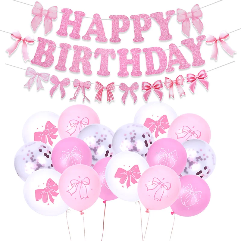 

Happy Birthday Banner Balloon Pink Bow Cupcake Topper Bowknot Confetti Balloons Baby Shower Birthday Gender Reveal Party Decors