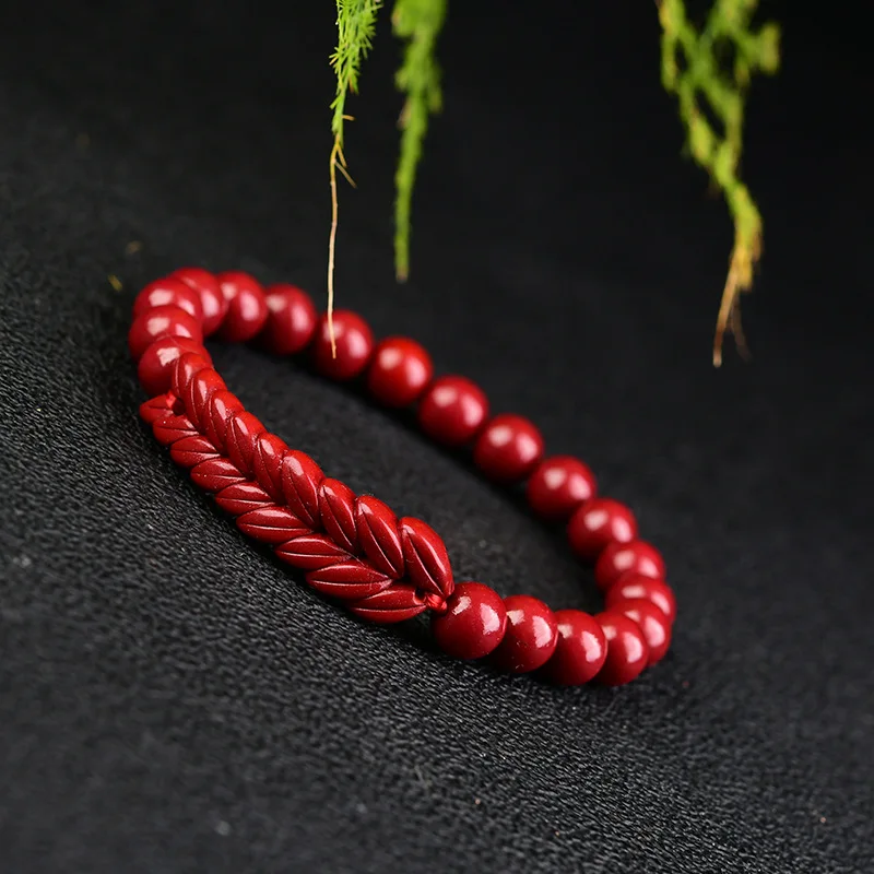 Chinese Red Organic Cinnabar 8MM Beads Wheat Elastic Bracelet Customized DIY Jewellery Fashion Man Woman Lucky Amulet Gifts New