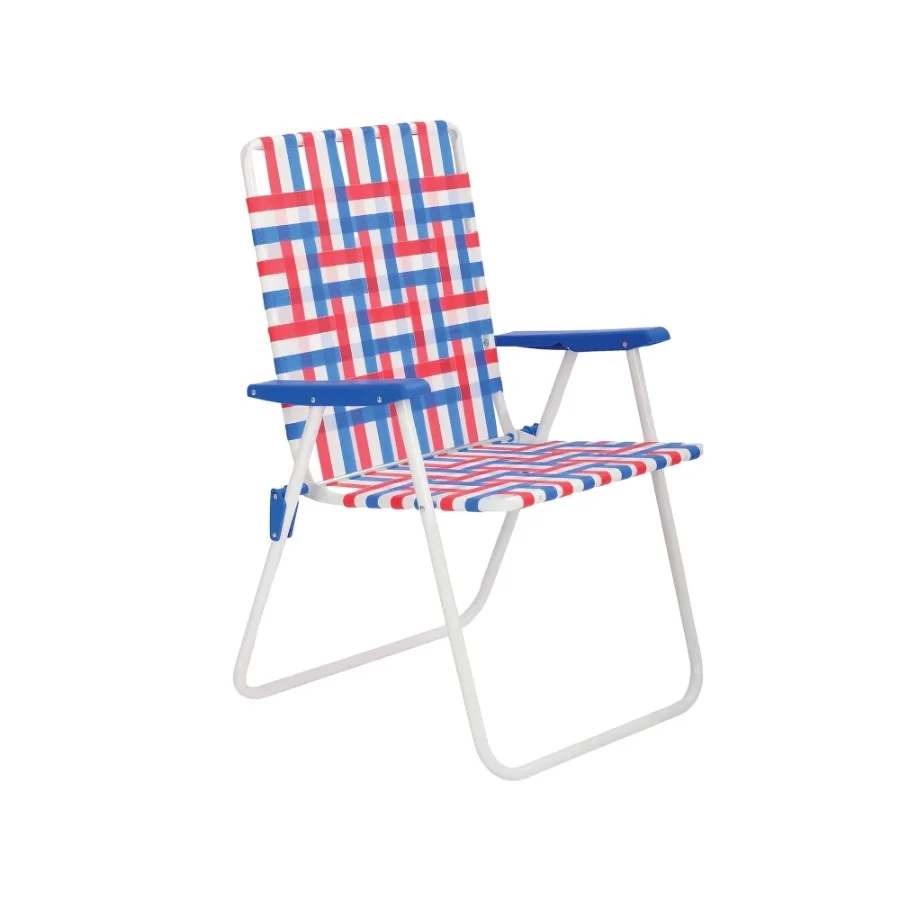 

Красно-бело-синее складное кресло с высокой спинкой и стальным каркасом для использования на открытом воздухе, во дворе или саду, прочная и легкая конструкция