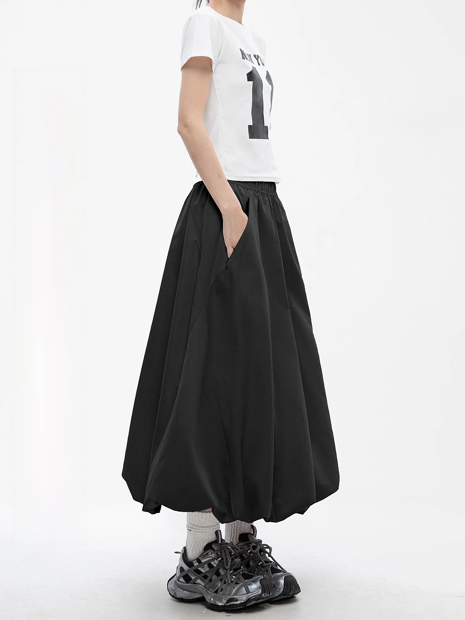 

Ich Mode American Retro A-Line Midi Skirt Women's Summer Bloom Gown Drapey Lantern Long Skirt High Waist Polyester Fiber