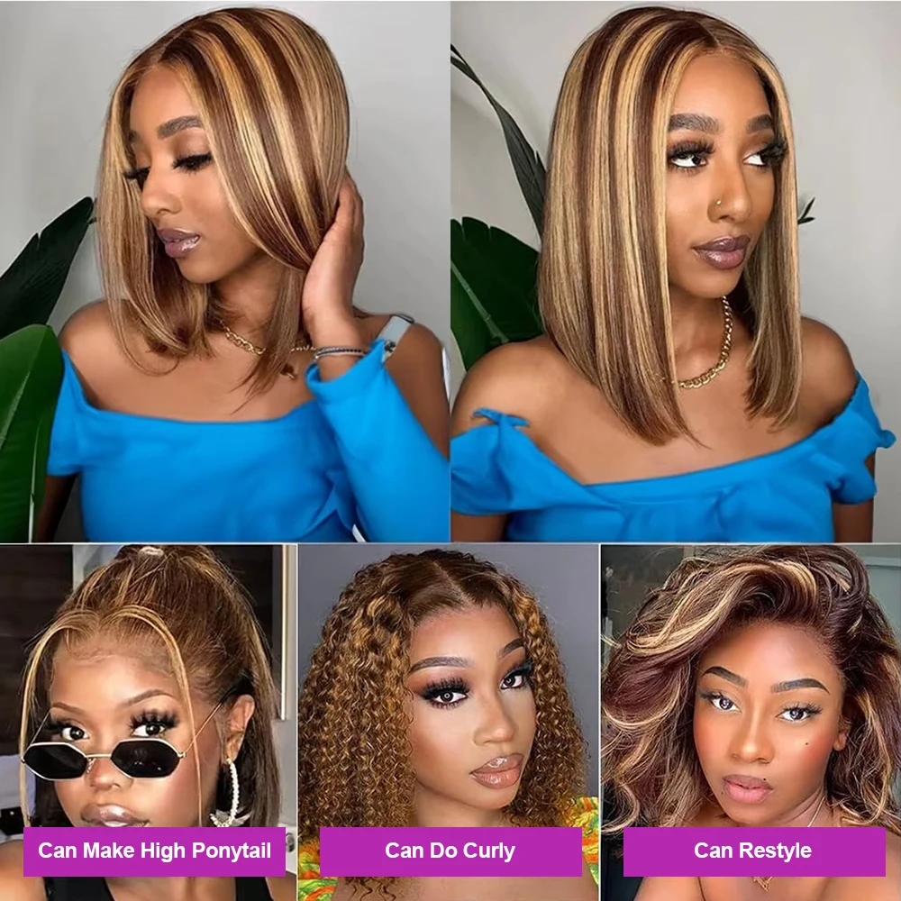 4/27 تسليط الضوء على بوب الباروكات مستقيم الدانتيل شعر مستعار أمامي شعر الإنسان أومبير أمامي بوب شعر مستعار شعر الإنسان Gluelss على استعداد للذهاب أومبير شعر مستعار بني