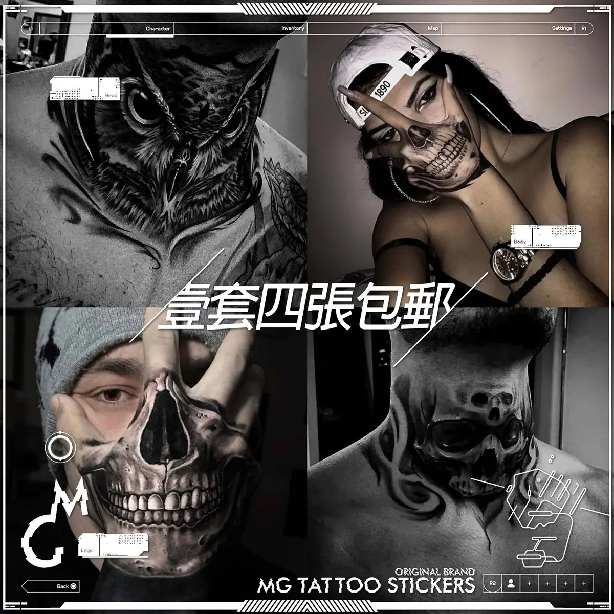 4Pcs Set Fake Tattoos for Women Men Goth Skull Back of Hand Waterproof Temporary Tattoo Punk Skeleton Neck Tatoo Cheap Goods