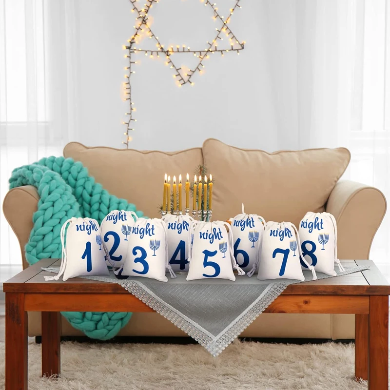 

8 Pieces Nights of Hanukkah Countdown Gift Bags Jewish Holiday Decoration Candlestick Design Packing Pouches for Hanukkah Party